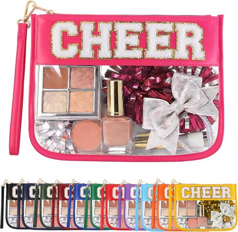 Cheer Clear Makeup Bag Cheerleader Gifts Cheerleading Accessories Cheer Competition Gifts Chenille Letter Cosmetic Bag Travel Toiletry Organizer Pouch for Women Girls in Kuwait