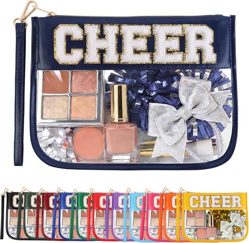 Cheer Clear Makeup Bag Cheerleader Gifts Cheerleading Accessories Cheer Competition Gifts Chenille Letter Cosmetic Bag Travel Toiletry Organizer Pouch for Women Girls in Kuwait