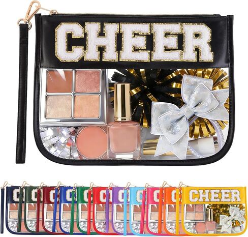 Cheer Clear Makeup Bag Cheerleader Gifts Cheerleading Accessories Cheer Competition Gifts Chenille Letter Cosmetic Bag Travel Toiletry Organizer Pouch for Women Girls in Kuwait