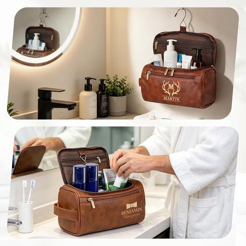 Personalized Toiletry Bag for Men - Engraved Name/Logo, Waterproof PU Leather Dopp Kit with Hanging Multi-Compartment, Unique Gifts for Men Husband Groomsmen Boyfriend Birthday Father's Day in Kuwait