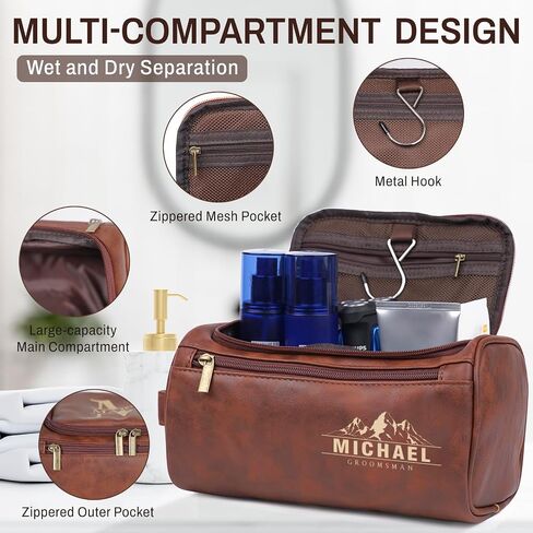 Personalized Toiletry Bag for Men - Engraved Name/Logo, Waterproof PU Leather Dopp Kit with Hanging Multi-Compartment, Unique Gifts for Men Husband Groomsmen Boyfriend Birthday Father's Day in Kuwait