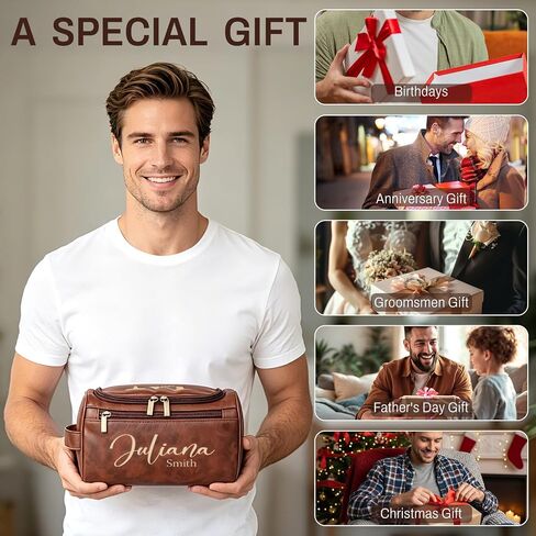 Personalized Toiletry Bag for Men - Engraved Name/Logo, Waterproof PU Leather Dopp Kit with Hanging Multi-Compartment, Unique Gifts for Men Husband Groomsmen Boyfriend Birthday Father's Day in Kuwait