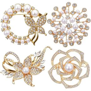 Pearl Flower Brooches for Women, 4pcs Glod Crystal Floral Pins, 4 Stlye Rhinestone Pearl Brooch, Fashion Elegant Golden Pins for Wedding Appreciation Ceremony Decor in Saudi Arabia