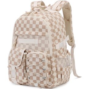 Octsky School Backpack for Teen Girls Checkered Bookbags Elementary High School Laptop Bags Women Travel Daypacks, Brown/White in Saudi Arabia