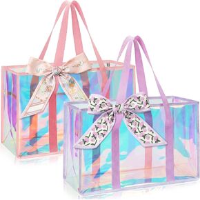 Aliceset 2 Pcs Holographic Iridescent Beach Bag for Women Pink Purple Clear Jelly Bag with with Silk Ribbon and Zipper Cruise Vacation Essentials in Kuwait