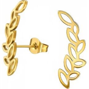 Leaf Branch Stainless Steel Stud Earrings, Gold-Plated, Tiny Ear Climber Crawler Minimalist Nature Jewelry (8 mm x 22 mm) in Kuwait