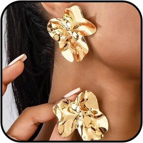 Chunky Silver Boho Pleated Stud Earrings for Women Trendy, Irregular Bold Gold Statement Floral Dangling Earring Retro Jewelry Gifts Costume Accessory in Saudi Arabia