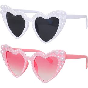 2PCS Heart Shaped Sunglasses for Women Kid Sun Glasses with Faux Pearls UV400 Protection Party Eyewear for Summer Beach in Saudi Arabia