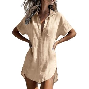 Womens Button Down Shirts Short Sleeve Cotton Dress Shirts Collared Side Split Casual Blouses Tops with Pocket in Saudi Arabia