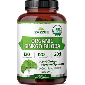 Zazzee USDA Organic Ginkgo Biloba 20:1 Extract, 24% Ginkgo Flavone Glycosides, 120 Vegan Capsules, 4 Month Supply, Memory, Cognitive & Brain Health Support, All-Natural, Non-GMO, Made in the USA in Saudi Arabia