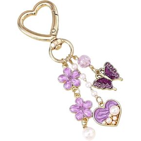 Purple Key Chain Butterfly Flower Keychain for Women, Elegant Rhinestone Keychain Flower Bag Charm Heart Pendant, llaveros para mujer Aesthetic Boho Keychains Accessories for Handbags Purses Car Keys in Saudi Arabia