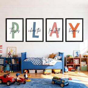 Cute Alphabet Play Framed Wall Art Set of 4, Natural Educational Alphabet Wooden Sign for Baby Girl Kid Boy Toddlers, Black Boho Preschool English Letters Nursery Decor for Homeschool Playroom in Saudi Arabia