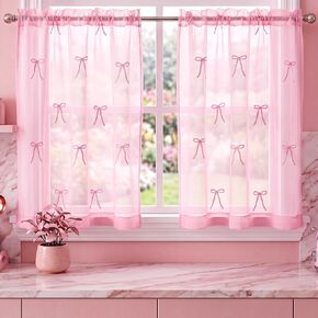 2 Panels Pink Bow Sheer Valance Curtains 38 x 36 inch Pink Bow Embroidered Valance Curtains Decorative Coquettish Sheer Shades Faux Linen Semi Window Decor for Home Party Office in Saudi Arabia
