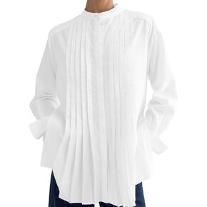 SUNNOW Women Pleated Shirt with Voluminous Sleeves, Hidden Placket & Side Slits - Elegant Blouse in Saudi Arabia
