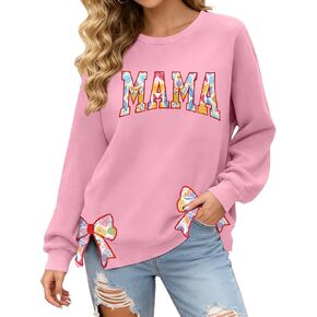 PECHAR Mama Sweatshirt for Women mama Floral Embroidered Shirts Mom Crewneck Long Sleeve Tops With Side bow Applique in Saudi Arabia