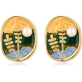 Monet's Garden Enamel Floral Stud Earrings Vintage Color Creative Oil Painting Wheat Earrings Van Gogh Oil Painting Style Women's Earrings Colorful Green Plant Round Handmade Trendy Studs Jewelry in Saudi Arabia