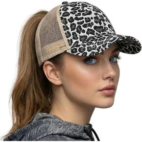 Leopard Print Baseball Cap, Mesh Back Sun Hat, Adjustable Breathable High Ponytail Cap, Casual Duckbill Cap in Saudi Arabia