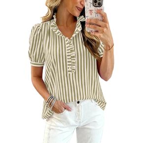 Women's Summer Ruffle Collar Button Down Shirts Puff Short Sleeve Striped Blouse Business Casual Work Tops Trendy in Saudi Arabia