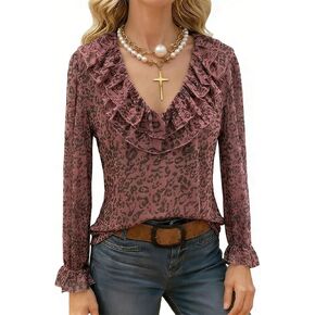Women's Vintage Pink Leopard Print Mesh Blouse Ruffled V-Neck Long Sleeve Romantic Casual Top in Saudi Arabia