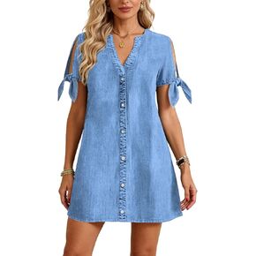 Denim Dress for Women 2026 Summer Casual Cowgirl Blue Jean Dress Tied Sleeves Button Down Shirt Dresses with Pockets in Saudi Arabia