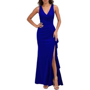 WOOSEA Women's Deep V Neck Sexy Ruffle Split Style Evening Formal Party Maxi Dress in Kuwait