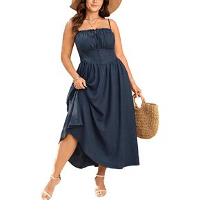 SHESTARR Plus Size Summer Dress Spaghetti Strap Sleeveless Boho Casual Sundress Beach Denim Dresses with Pockets in Saudi Arabia