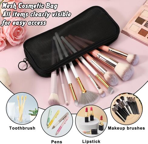 2 Pcs Mesh Makeup Brush Bag, 9 X 5 Inch Portable Travel Makeup Brush Holder with Zipper for Travel Home Office Makeups Brushes Small Items in Kuwait