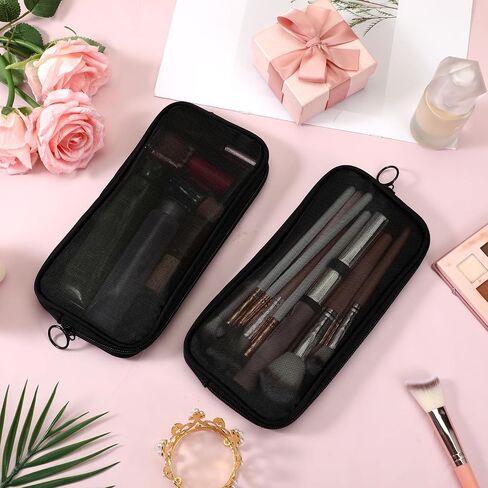 2 Pcs Mesh Makeup Brush Bag, 9 X 5 Inch Portable Travel Makeup Brush Holder with Zipper for Travel Home Office Makeups Brushes Small Items in Kuwait