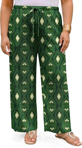Womens Plus Size Palazzo Pants Printed Flowy Boho Wide Leg Baggy Pants Drawstring Waist Trousers in Kuwait
