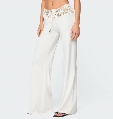 LILTWIST Womens Boho Crochet Waist Knit Pants Y2k Hollow Out Beach Cover up Pants Casual Drawstring Straight Wide Leg Bottoms in Saudi Arabia