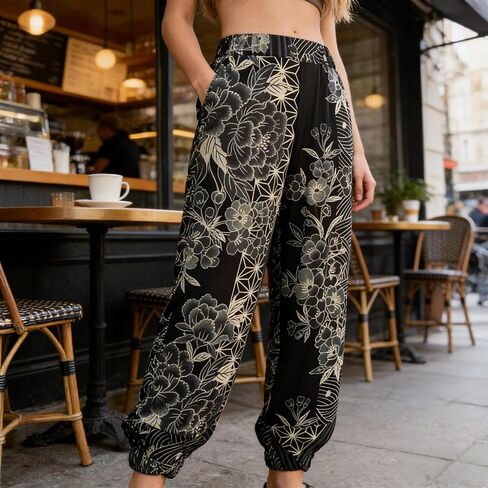Digital Print Casual Pants for Women,Plum Blossom Pattern Loose Fit Trousers,Fashionable European Style for Spring Summer(M) in Kuwait