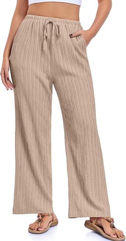 Womne's Wide Leg Pants Palazzo Summer Beach Trousers Drawstring Elastic Waist Flowy Pants for Women with Pockets in Saudi Arabia