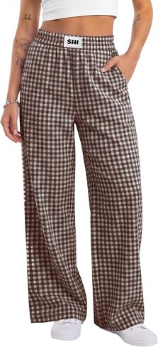 Xaatren Women's Striped Gingham Pants Straight Wide Leg Plaid Lounge Trousers Elastic Waist Baggy Thin Y2K Bottoms Pockets in Kuwait