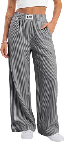 Xaatren Women's Striped Gingham Pants Straight Wide Leg Plaid Lounge Trousers Elastic Waist Baggy Thin Y2K Bottoms Pockets in Kuwait