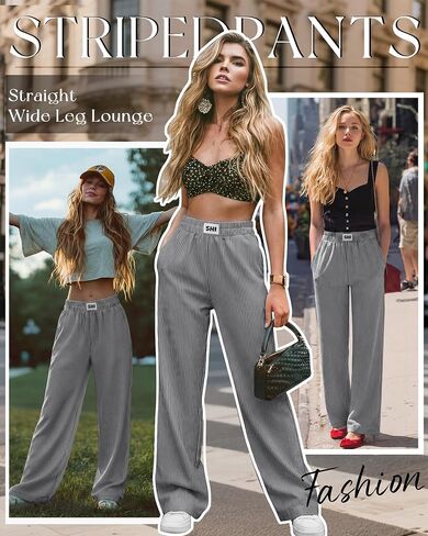 Xaatren Women's Striped Gingham Pants Straight Wide Leg Plaid Lounge Trousers Elastic Waist Baggy Thin Y2K Bottoms Pockets in Kuwait