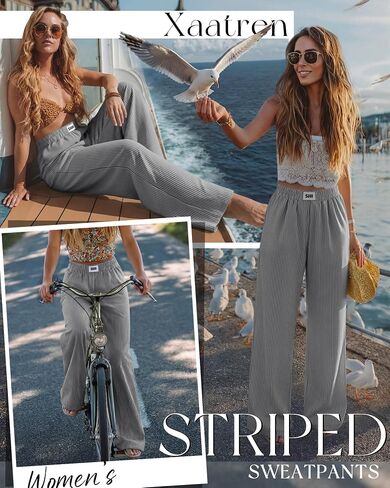 Xaatren Women's Striped Gingham Pants Straight Wide Leg Plaid Lounge Trousers Elastic Waist Baggy Thin Y2K Bottoms Pockets in Kuwait