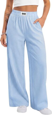 Xaatren Women's Striped Gingham Pants Straight Wide Leg Plaid Lounge Trousers Elastic Waist Baggy Thin Y2K Bottoms Pockets in Kuwait