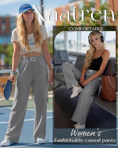 Xaatren Women's Striped Gingham Pants Straight Wide Leg Plaid Lounge Trousers Elastic Waist Baggy Thin Y2K Bottoms Pockets in Kuwait