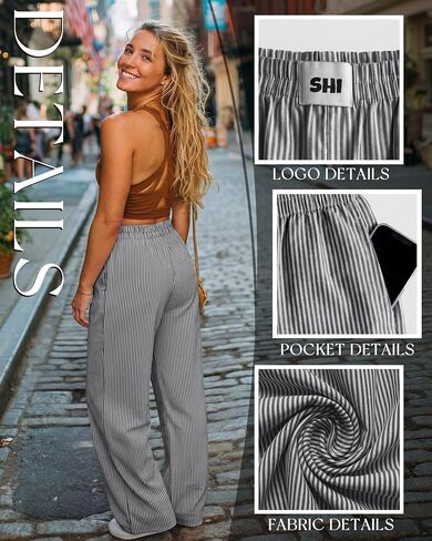 Xaatren Women's Striped Gingham Pants Straight Wide Leg Plaid Lounge Trousers Elastic Waist Baggy Thin Y2K Bottoms Pockets in Kuwait