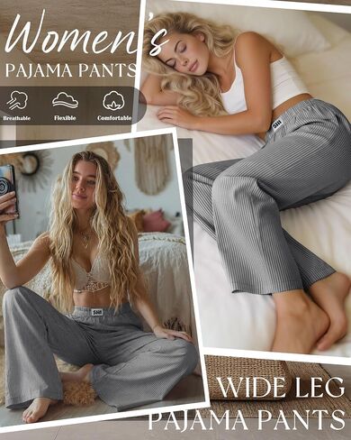 Xaatren Women's Striped Gingham Pants Straight Wide Leg Plaid Lounge Trousers Elastic Waist Baggy Thin Y2K Bottoms Pockets in Kuwait