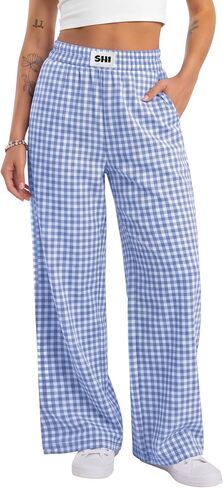 Xaatren Women's Striped Gingham Pants Straight Wide Leg Plaid Lounge Trousers Elastic Waist Baggy Thin Y2K Bottoms Pockets in Kuwait