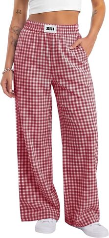 Xaatren Women's Striped Gingham Pants Straight Wide Leg Plaid Lounge Trousers Elastic Waist Baggy Thin Y2K Bottoms Pockets in Kuwait