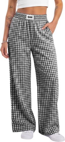 Xaatren Women's Striped Gingham Pants Straight Wide Leg Plaid Lounge Trousers Elastic Waist Baggy Thin Y2K Bottoms Pockets in Kuwait