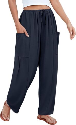 DLOODA Flowy Wide Leg Pants for Women, Drawstring Palazzo Harem Pants Casual Beach Vacation Trousers with Pockets Navy in Saudi Arabia