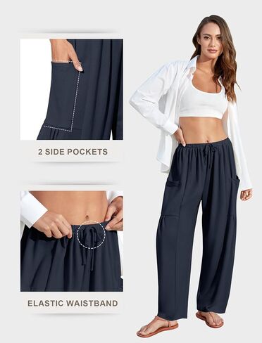 DLOODA Flowy Wide Leg Pants for Women, Drawstring Palazzo Harem Pants Casual Beach Vacation Trousers with Pockets Navy in Saudi Arabia