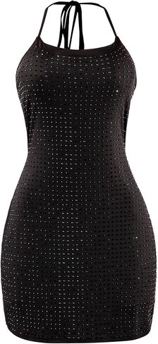 Women Sexy Halter Neck Sparkly Rhinestone Bodycon Mini Dress Backless Night Club Party Dress in Saudi Arabia