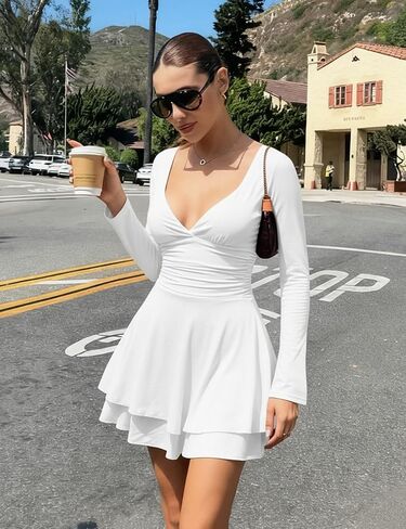 eoeoo Women's Sexy V Neck Ruffle Hem Mini Dress Ruched Waist Long Sleeve Flowy Party Short Dresses in Saudi Arabia