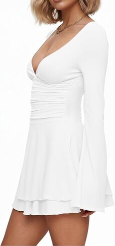 eoeoo Women's Sexy V Neck Ruffle Hem Mini Dress Ruched Waist Long Sleeve Flowy Party Short Dresses in Saudi Arabia