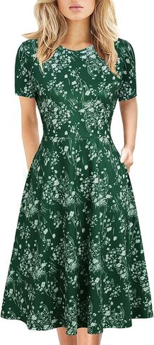Women's Summer Dresses Elegant Floral Print Vintage Office Business Casual Work A-Line Party Dress with Pockets DJ162-5 in Kuwait