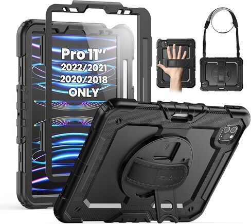 SEYMAC Case for iPad Pro 11 Case 4th/ 3rd/ 2nd/ 1st Gen (2022/2021/2020/2018), Full-Body Shockproof Protective Case with Screen Protector, 360° Rotating Stand and Hand/Shoulder Strap, Black in Kuwait